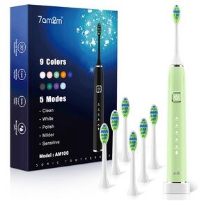 7AM2M Sonic Electric Toothbrush with 6 Brush Heads for Adults & Kids Light green